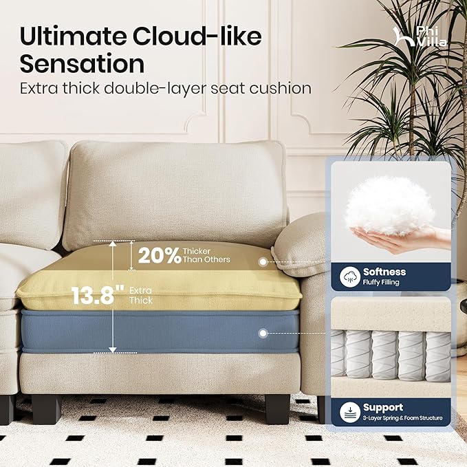 PHI VILLA Modern Modular Couches Sets, 123.6" Cloud Sectional Sofa with Upholstered Deep Seat, 3-Seater Couch for Living Room Small Spaces, Chenille Fabric, Beige