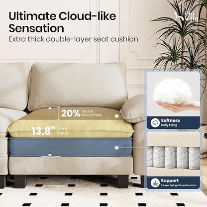 PHI VILLA Modern Modular Couches Sets, 123.6" Cloud Sectional Sofa with Upholstered Deep Seat, 3-Seater Couch for Living Room Small Spaces, Chenille Fabric, Beige