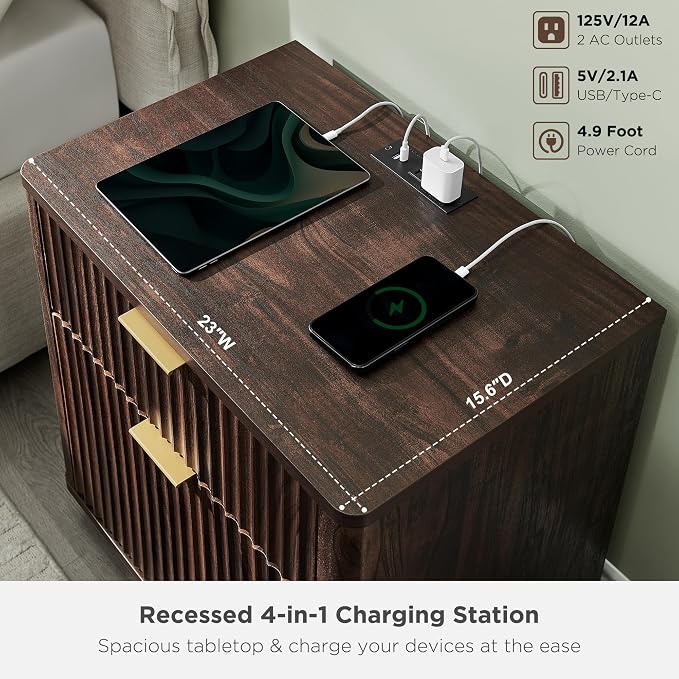T4TREAM 23'' Fluted Nightstand Set of 2 with Charging Station, Large 2 Drawer Side Table, Modern End Table with Storage, Mid Century Bedside Table for Bedroom, Living Room, Curved Profile, Dark Walnut