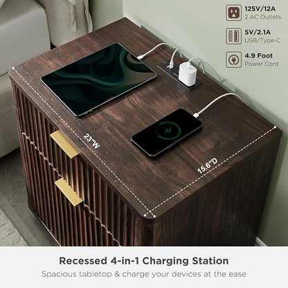 T4TREAM 23'' Fluted Nightstand Set of 2 with Charging Station, Large 2 Drawer Side Table, Modern End Table with Storage, Mid Century Bedside Table for Bedroom, Living Room, Curved Profile, Dark Walnut
