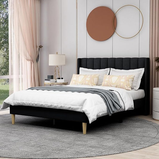 AGARTT Upholstered Platform Bed Frame Full Size with Headboard and Footboard/Wooden Slats Support/No Box Spring Needed/Easy Assembly,Black Linen