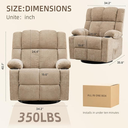 Swivel Rocker Recliner Set of 2,Rocking Recliner Chair with Adjustable Headrest for Adults,Upholstered Fabric Rocking Chair Swivel for Bedroom,Living Room,Brown