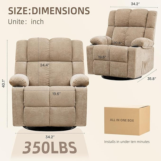 Swivel Rocker Recliner,Rocking Recliner with Adjustable Headrest | Upholstered Fabric Swivel Rocking Chair for Bedroom,Living Room,Brown