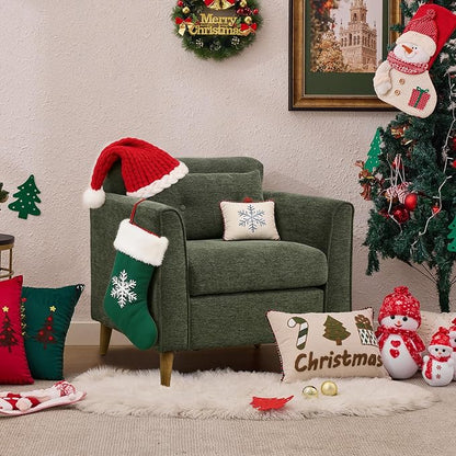 Modern Accent Chair with Wooden Legs Plush Fabric Armchair Cozy Reading Chair for Living Room, Bedroom, Study (Green Armchair)