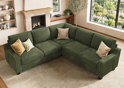 HONBAY Corduroy Convertible Sectional Sofa L Shaped Corner Couch Reversible Sectional Couches for Living Room,Green