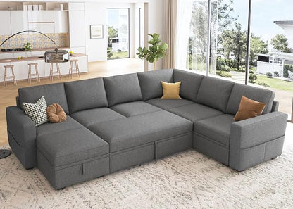 HONBAY Sectional Sleeper Sofa with Pull Out Bed, U Shaped Couch with Storage, Modular Sectional Couches for Living Room, Dark Grey