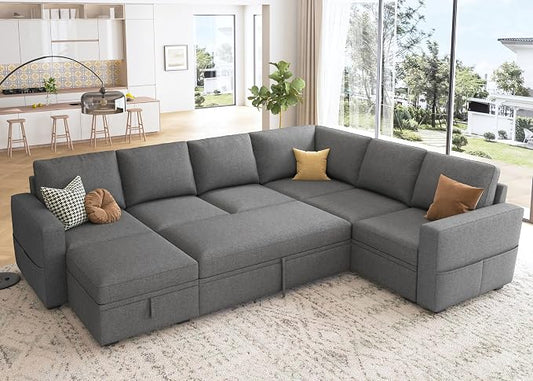 HONBAY Sectional Sleeper Sofa with Pull Out Bed, U Shaped Couch with Storage, Modular Sectional Couches for Living Room, Dark Grey