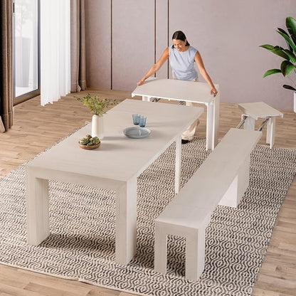 Transformer Table - Solid Wood Extendable Dining Table, Seats 2-12, Expandable Dining Room Table, Space-Saving Furniture, Kitchen and Dining Room Furniture (White, Table + Bench)