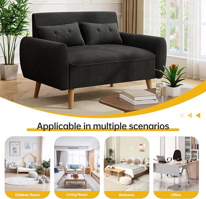 JAMFLY 47'' Small Loveseat Sofa, 2 Seat Compact Couch with Tapered Legs, Black Upholstered Furniture, Solid Wood Frame, Comfy Foam Cushion, Easy Assembly for Small Spaces