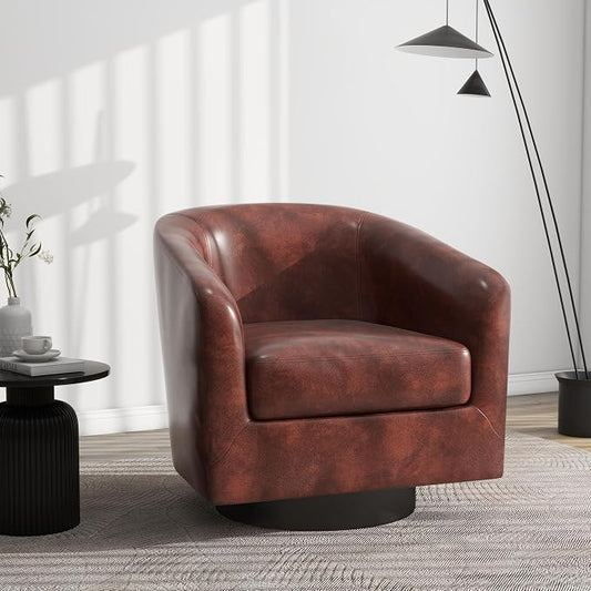 Swivel Barrel Accent Chair, Modern Round Faux Leather Arm Chair for Living Room, Bedroom, Comfy Club Reading Chairs for Adults