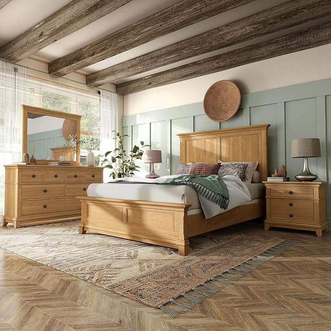 Furniture of America Yardley Farmhouse Solid Wood 5-Piece Bedroom Set with Platform Bed, Felt-Lined Top Drawers on Nightstands and Dresser with Mirror, Box Spring Needed, Queen, Natural Oak