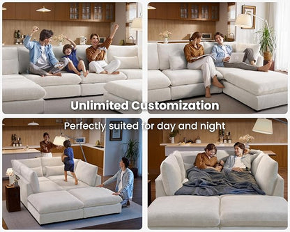 154" Oversized Chenille Couch Modular Sectional Sofa, Washable Cloud Couch Sectional with Ottoman, 5 Seater Sectional Couches for Living Room, Fully Cover Removable, L Shaped, Chenille, White