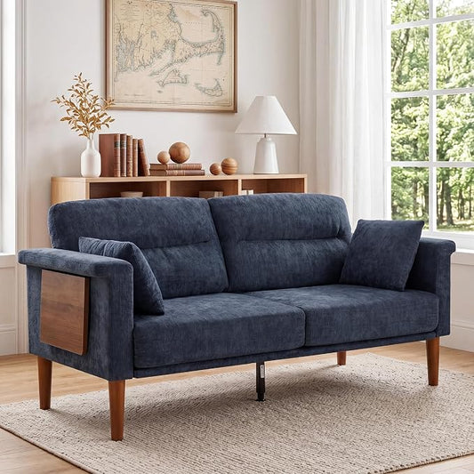 Vipbear 69" Loveseat Sofa,Modern Couches for Small Spaces,Blue Chenille Love Seat Couch for Living Room,Bedroom,Apartment,Office,Deep Seat,Armrest Tabletop,Throw Pillow