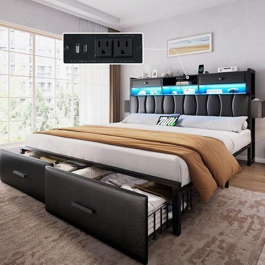 YITAHOME King Size with 2 Storage Drawers and Charging Station, Upholstered Bed with Storage Headboard and LED Light, Heavy Duty Metal Frame Support, No Box Spring Needed, Noise Free, PU Leather Black