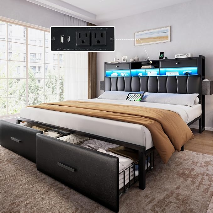 DWVO King Size with 2 Storage Drawers and Charging Station, Upholstered Bed with Storage Headboard and LED Light, Heavy Duty Metal Frame Support, No Box Spring Needed, Noise Free, PU Leather Black