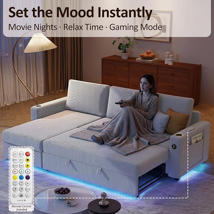 Ball & Cast 80" Sectional Sleeper Sofa Bed Pull Out Couches for Living Room | L Shaped Convertible Pull Out Sofa Bed with Storage Chaise, LED Lights, Foldable Table, USB Ports, Cup Holder and Side Pocket