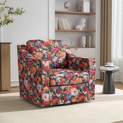 Swivel Accent Chair, 360° Swivel Upholstered Club Armchairs for Living Room, Comfy Fabric Single Sofa Reading Chair with Deep Seat, Metal Swivel Base, Black Floral