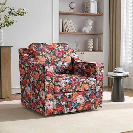 Swivel Accent Chair, 360° Swivel Upholstered Club Armchairs for Living Room, Comfy Fabric Single Sofa Reading Chair with Deep Seat, Metal Swivel Base, Black Floral