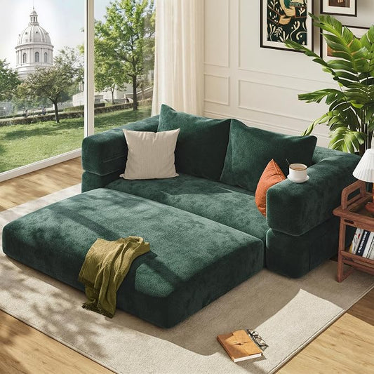 75'' Folding Convertible Sofa Bed with Large Pillow, 4-in-1 Foldable Pull Out Futon Sofa Bed, Chenille Boneless Mattress Couch, No Assembly Floor Sleeper Sofa Bed for Living Room/Bedroom, Dark Green