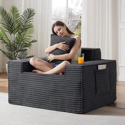 2 Pcs Living Room Cloud Sofa Set, Boneless Sofa Couches with Cup Holder with Side Pocket for Compact Living Rooms, Apartments (Deep Gray, Single Chair + 3 Seat Sofa)