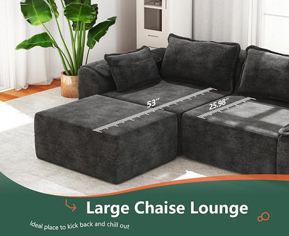 Hobestluk 120" Cloud Sectional Couch 3-Seater Sofa with Deep Seat Modular Sofa with Removable Cover Large Sofa Couch for Living Room (Dark Grey, 3-Seater Sofa)