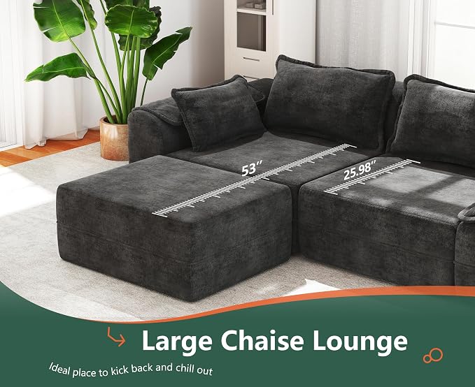 Hobestluk 120" Cloud Modular Sectional Couch 3-Seater Sofa with Ottoman L Shaped Sofa with Removable Cover Large Sofa Couch for Living Room (Dark Grey, 3-Seater Sofa with One Ottoman)