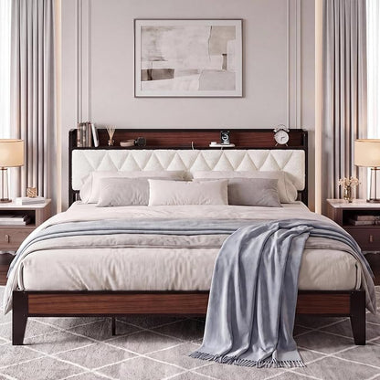 ANCTOR King Bed Frame, Storage Headboard with Charging Station, Platform Bed Frame with Strong Metal Support, Sturdy and Stable, Noise Free, No Box Spring Needed, Easy Assembly, Walnut