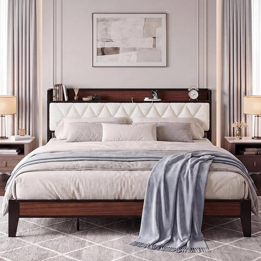 ANCTOR King Bed Frame, Storage Headboard with Charging Station, Platform Bed Frame with Strong Metal Support, Sturdy and Stable, Noise Free, No Box Spring Needed, Easy Assembly, Walnut