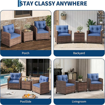 GarveeLife 3 Pieces Patio Furniture Set, PE Rattan Patio Conversation Set with Tempered Glass Tabletop, Outdoor Wicker Chairs and Table Set for Patio Balcony Garden, Brown & Blue
