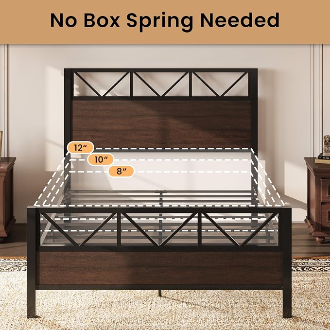 LIKIMIO Queen Bed Frame, Tall Industrial Headboard 51.2 ", Platform Bed Frame with Strong Metal Support, Solid and Stable, Noise Free, No Box Spring Needed, Easy Assembly, Dark Brown