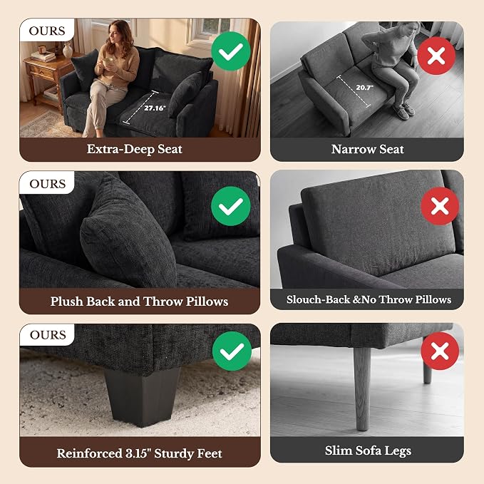 Loveseat Sofa with Cloud 3-Layer Cushion & 27" Deep Seat, Modern Small Couch with 2 Washable Pillows for Small Spaces, Bedroom, Apartment, Office, Living Room, in a Box, 50-Inch Black