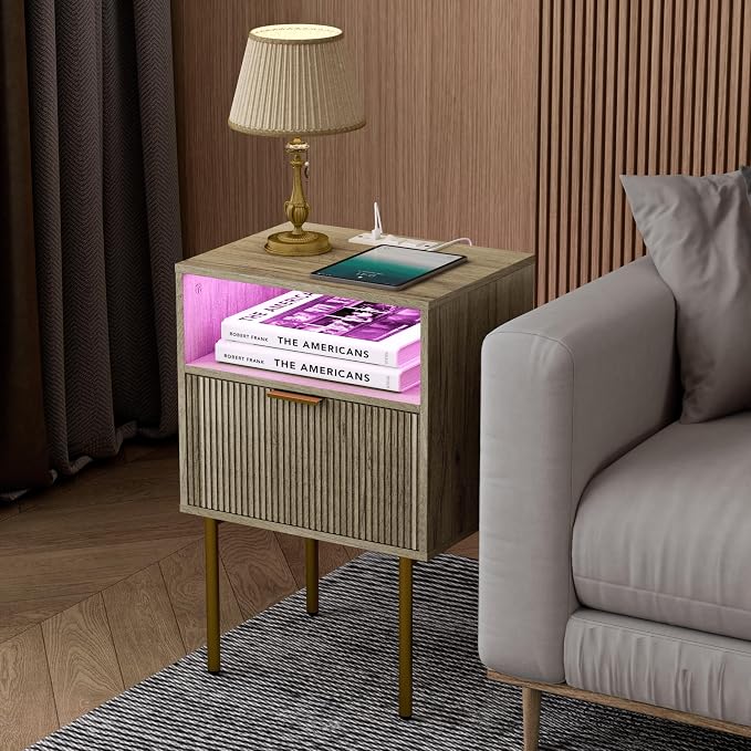 JOONEE Modern Nightstand with Charging Station and LED Lights, White Bedside Table with Drawer, Fluted Side Table for Living Room, Bedroom