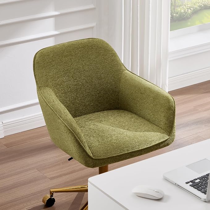 Zesthouse Vanity Chair with Wheels for Girl Women, Swivel Office Desk Chair | Green Chenille Rolling Office Chair with Arms & Gold Base, Upholstered Fabric Desk Chair for Bedroom, Height Adjustable Chair