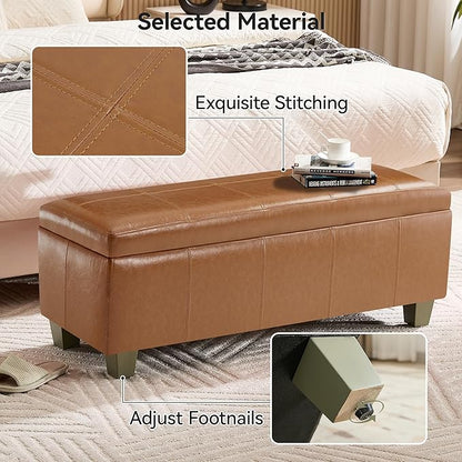 WUTUTUEE 41" Faux Leather Storage Ottoman, Stitch Tufted Rectangle Upholstered End of Bed Storage Bench, Entryway Large Couch Ottoman with Wooden Legs, Light Brown