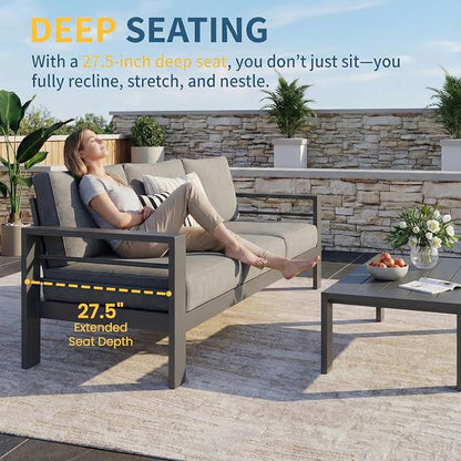 Solaste Aluminum Patio Furniture Set for All Weather, Oversized Metal Outdoor Furniture Set with 27.5" Deep Seating and 3.2" WIde Armrest, Outdoor Patio Conversation Sets with 10’’ Back Suport Cushion