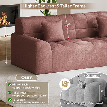 91.5" Modern Boneless Couch for Living Room, Comfy Cloud Sectional Sofa with Deep Seat, Chenille Love Seat Oversized Upholstered 3-Seater Sofa, No Assembly Required Tufted Sofas, Pink