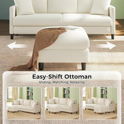 Welzona 83" Couches for Living Room, Teddy Sofa Couch with Storage Ottoman, L Shaped Couch with Movable Ottoman, Tool-Free Modular Sectional Sofa, All-Wood Sofas for Living Room 2 Pillows, Beige