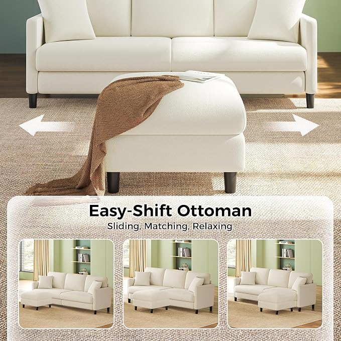 Welzona 83" Couches for Living Room, Teddy Sofa Couch with Storage Ottomans, U Shaped Couch with Movable Ottomans, Tool-Free Modular Sectional Sofa, All-Wood Sofas for Living Room 2 Pillows, Beige