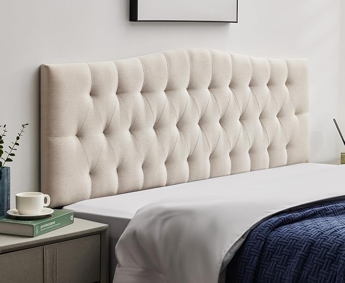 Tufted Upholstered Queen Size Headboard Only, Adjustable 38-50 in, Beige | Queen Headboard for Queen Size Bed, Durable Linen Fabric Headboards, Modern Diamon Design Wood Head Board