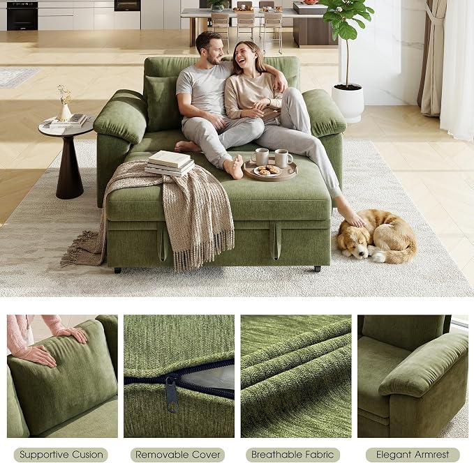 WorthFurni 61” Pull Out Couch, 2 in 1 Sleeper Sofa Bed with Throw Pillow, Convertible Small Loveseat Sleeper Couch for Living Room, Bedroom, Apartment (Green)