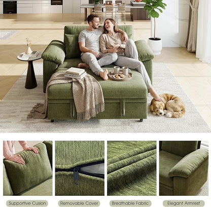 WorthFurni 61” Pull Out Couch, 2 in 1 Sleeper Sofa Bed with Throw Pillow, Convertible Small Loveseat Sleeper Couch for Living Room, Bedroom, Apartment (Green)