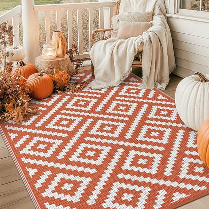 GENIMO Outdoor Rug for Patio, 6'x9' Fall Reversible Plastic Straw Rugs, Waterproof Halloween RV Camping Mat Lightweight Carpet for Camper, Balcony, Deck, Backyard, Picnic, White Orange