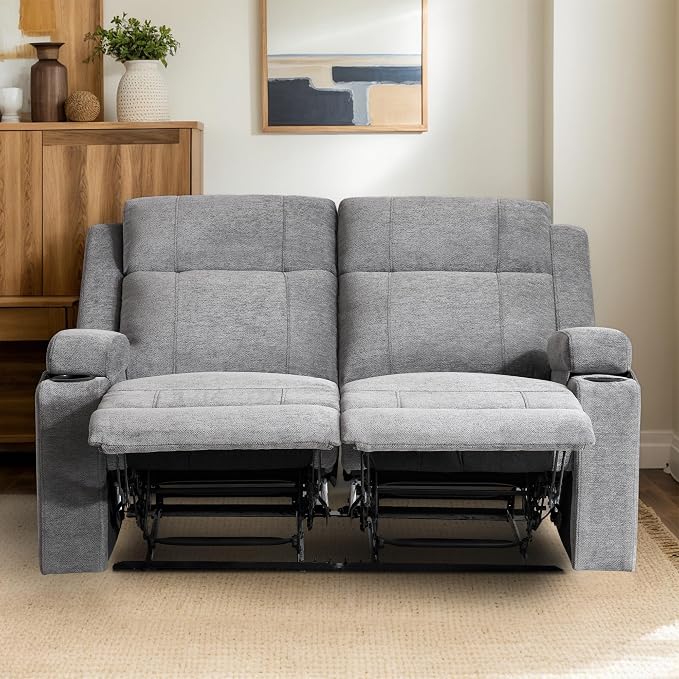 55" RV Loveseat Recliner – Space-Saving Double Reclining RV Sofa, Compact Theater Seating with Cup Holders & Storage Pocket, Grey Chenille Couch for Camper, Motorhome & Home Theater