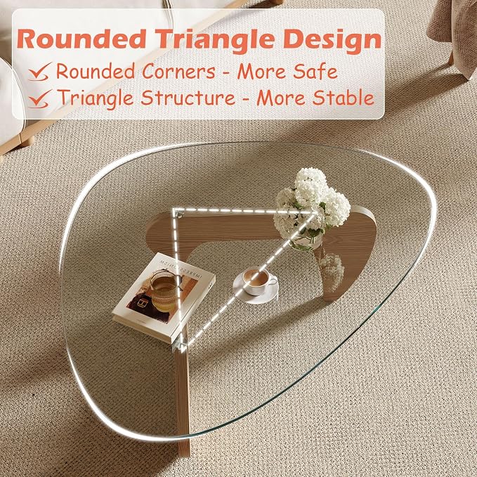 Modern Coffee Table for Living Room and Small Spaces, 43.3" x 29.5" x 15.8" Triangle Tempered Glass Table Top and Eco-Friendly Solid Wood Base, Natural Wood