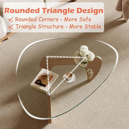 Modern Coffee Table for Living Room and Small Spaces, 43.3" x 29.5" x 15.8" Triangle Tempered Glass Table Top and Eco-Friendly Solid Wood Base, Natural Wood