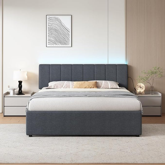 Queen Size Upholstered Platform Bed with Pull-Out Trundle Bed | Twin Size Trundle, LED Lighting Controlled by APP, USB+Type-C Charging Ports, Linen Upholstered Bed Frame,Dark Grey