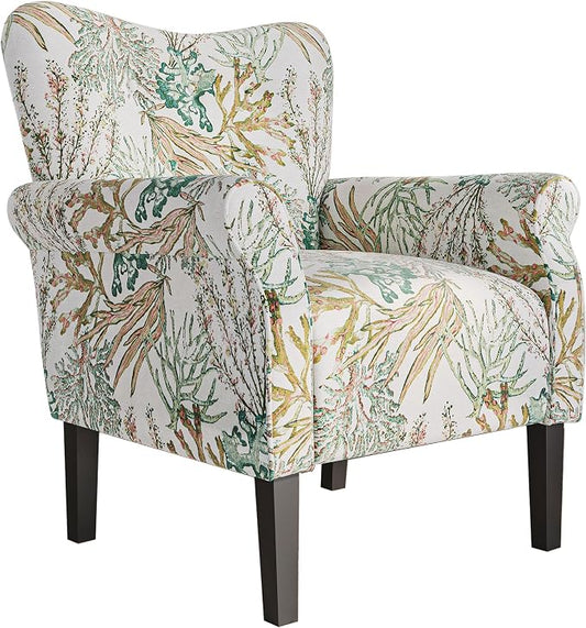 BELLEZE Modern Accent Chair for Living Room, High Back Linen Armchair with Wooden Legs, Upholstered Wingback Side Chair Padded Armrest Single Sofa for Living Room, Bedroom - Allston (Green Coral)