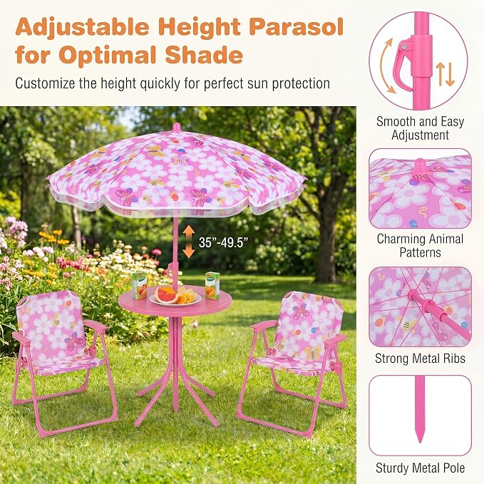 HONEY JOY Kids Picnic Table, Animal Themed Toddler Outdoor Table and Chair Set, 2 Folding Chairs & Removable Umbrella, Children Outdoor Furniture for Backyard Patio Garden (Pink Bee)