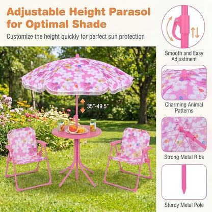 HONEY JOY Kids Picnic Table, Animal Themed Toddler Outdoor Table and Chair Set, 2 Folding Chairs & Removable Umbrella, Children Outdoor Furniture for Backyard Patio Garden (Pink Bee)