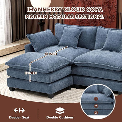 Ihanherry 111.4" L Shaped Cloud Sofa with Ottoman Modular Sectional Modern Couch, 4-Seat Chenille Deep Seat Sofa with Pillow for Living Room, Bedroom and Apartment, Blue